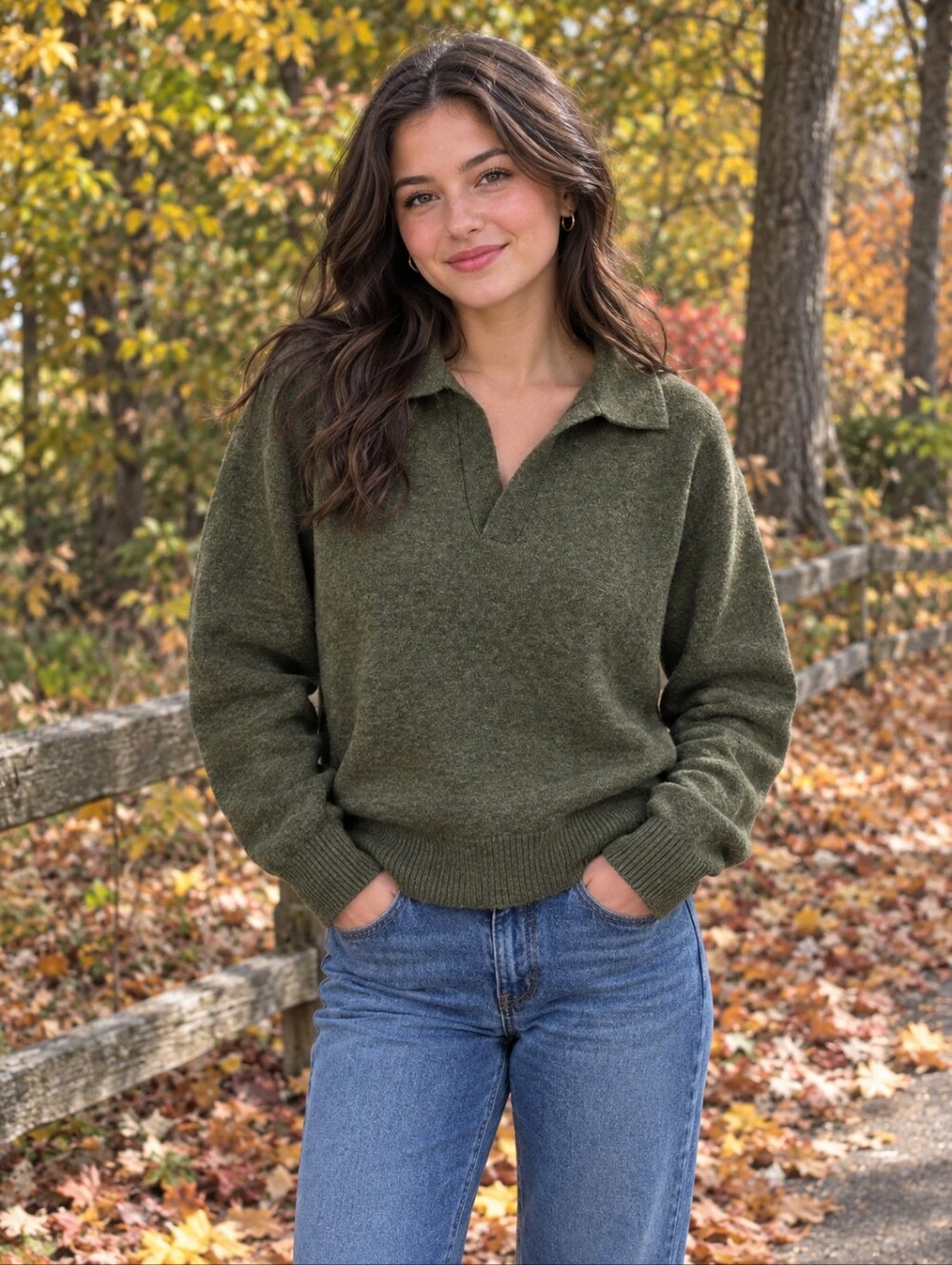 A New Day Olive Split V-Neck Cozy Sweater Size M